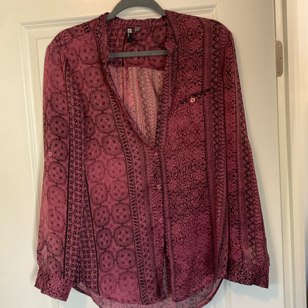 Kut from the Kloth sheer burgundy button down boho top medium